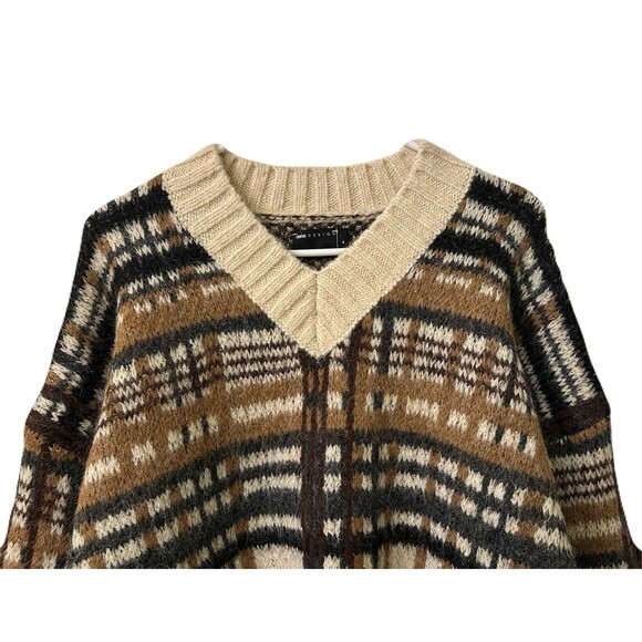 NEW ASOS Womens Size Medium Brushed Mocha Plaid High V-Neck Wool Blend Sweater - Picture 3 of 8